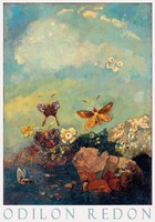 Odilon Redon Pillangók 1910 szimbolista festmény művészeti plakátja, színes lepkék kék égbolt tájkép