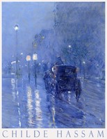Childe Hassam Esős éjfél 1890 festmény művészeti plakátja, éjszakai utcakép automobil lámpák éjkék