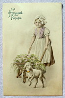 Antik VV Vienne grafikus Húsvéti üdvözlő képeslap kisleány talicska virág bárány