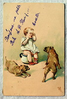 Antik  dombornyomott üdvözlő  képeslap síró biliző baba kutyákkal művészlap