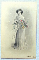 Antik VV Vienne grafikus  üdvözlő képeslap hölgy virágcsokorral