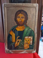 Görög Katolikus Krisztus Kézi Festett Ikon. Jelzett. 45.5 cm x 30 cm x 3 cm.