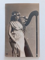 Régi képeslap 1909 hárfás női fotó levelezőlap