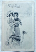 Antik H.H.I.  W. grafikus Újévi üdvözlő  képeslap hölgyek téli táj agár