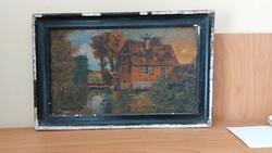 (K) Antik vízparti ház gólyával 41x25 cm kerettel Koritsánszky D szignóval