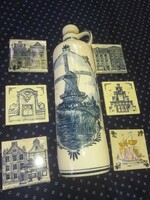 Delft holland porcelán palack dugóval és csempe poháralátétek