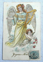 Antik arannyal préselt Karácsonyi üdvözlő képeslap Angyal hárfával  puttó