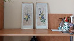 2 db Klara Krebitz virág festmény 16x37 cm kerettel, kopottas keretben