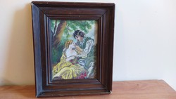(k) Romantikus kis antik festmény 21x25 cm