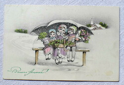 Antik grafikus Újévi üdvözlő képeslap tojás bárány gyerekek virág ernyő hóesés