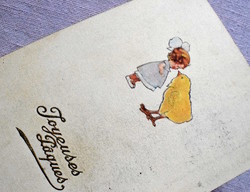 Art deco grafikus Húsvéti üdvözlő képeslap kislány csibe