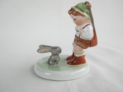 Retro ... Bodrogkeresztúri kerámia figura nipp vadász kisfiú nyuszival