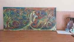 Modern festmény "Az udvaros" 58x25 cm olaj, vászon
