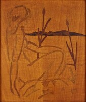 1J269 Retro vízparti női akt intarziakép 31 x 26.5 cm