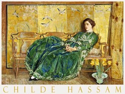 Childe hassam in green robe 1920s painting art poster, female figure on golden background with flowers birds