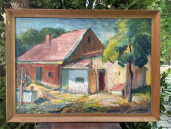 HOVÁN LÁSZLÓ (1920-1990) :TANYAUDVAR KEREKES KÚTTAL 64x86,5cm!!!