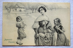 Antik M.M. Vienne M Munk grafikus Húsvéti üdvözlő képeslap  kisleányok nyuszik  tájkép