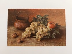 Régi képeslap művészeti levelezőlap csendélet szőlő dió alma