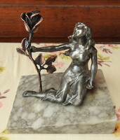 Woman with rose - Art Nouveau tin sculpture on marble pedestal