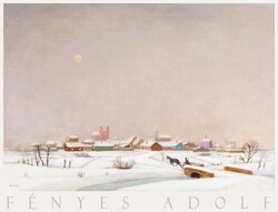 Fényes Adolf Téli tündérmese, festmény művészeti plakátja, havas tájkép folyó híd mező kisváros szán