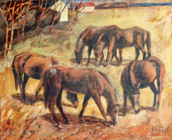 Silver George (1935-2017) grazing horses 51x61cm oil on canvas