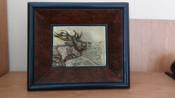 Beautiful antique copper relief, relief deer with 30x26 cm frame