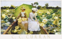 Charles Courtney Curran Lótusz liliomok 1888, festmény művészeti plakátja, hölgy csónak tó napernyő