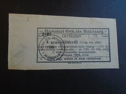 17 20  - Miskolczi Orthodox Izraelita Hitközség -értékjegy, Judaica - 4 arany filllér - 1925