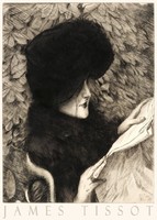 James Tissot Az újság 1883, metszet művészeti plakátja, elegáns hölgy portré olvas kert fekete kalap
