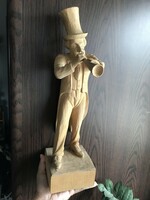 Hand carved wooden figurine sculpture in trumpet man's hat 43 cm