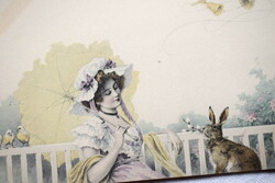 Antik MM Vienne Wichera grafikus Húsvéti üdvözlő képeslap Hölgy napernyő nyuszi csibék