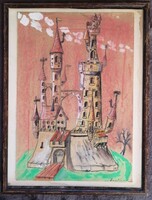 Szabó Vladimir. Tornyok.Akvarell papír. Mérete:26x33 cm.Üvegezett kerettel.