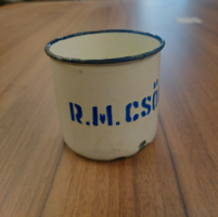 Enameled metal mug with inscription dripping weiss
