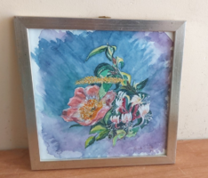 (K) Kedves kis virágcsendélet akvarell 22x22 cm kerettel