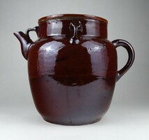 1J513 Régi nagyméretű barna mázas függeszthető kínai kerámia teáskancsó kiöntő 23 cm