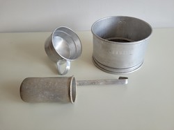 Old retro marked aluminum funnel and sieve filter certified measuring cup vintage kitchen utensil