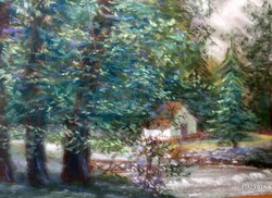 Unknown artist - landscape with house - pastel