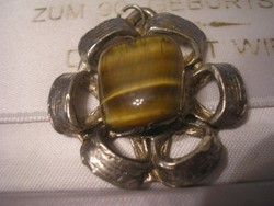 NAGYMÉRETŰ Macskaszem kővel Nagyon ritka  ezüstözött medál 4 cm