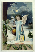 Antik Karácsonyi üdvözlő litho fotó montázs képeslap  kisleány angyal ként téli táj
