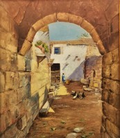 Michele PALUMBO (1874-1949) Híres Itáliai festő Mediterrán Udvar 1936-ból Eredeti Garanciával!