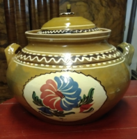 Old vintage Transylvanian folk ceramic earthenware pot with flowers approx. 6 liters pot with lid cooking pot with legs 36x25cm