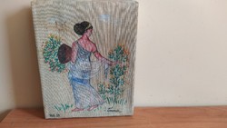Charming small painting, canvas, fabric spring 22x28cm