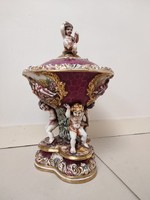 Antik capodimonte Capo di monte dúsan aranyozott sokalakos vörös porcelán fedeles dísz tál 409 5488