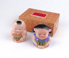 1J563 old wuxi sitting clay figure boy girl couple 6 cm