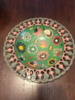 Enamel-painted copper perforated wall bowl, oriental work. 25 Cm in diameter. Nice color pattern.