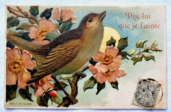 Antik dombornyomott litho üdvözlő képeslap madár vadrózsa