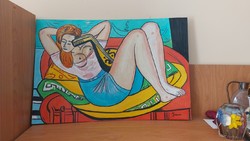 Modern kubista festmény 60x40 cm kerettel. Női alak