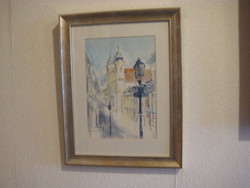 Pécs  Ferencesek  utcája , szép akvarell , szignózva  , 21 x 31 és 37 x 47 rámával