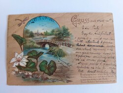 Old floral postcard postcard landscape with bridge stream