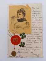 Régi dombornyomott képeslap 1900 levelezőlap hölgy lóhere szerencsepatkó